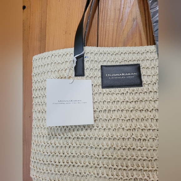Donna Karan Woven Beige Tote with Black Handles - Picture 4 of 10